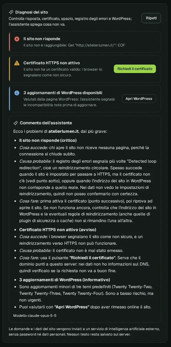 Site diagnosis in LimePanel: problems found, proposed fixes and the assistant's comment (sample data)