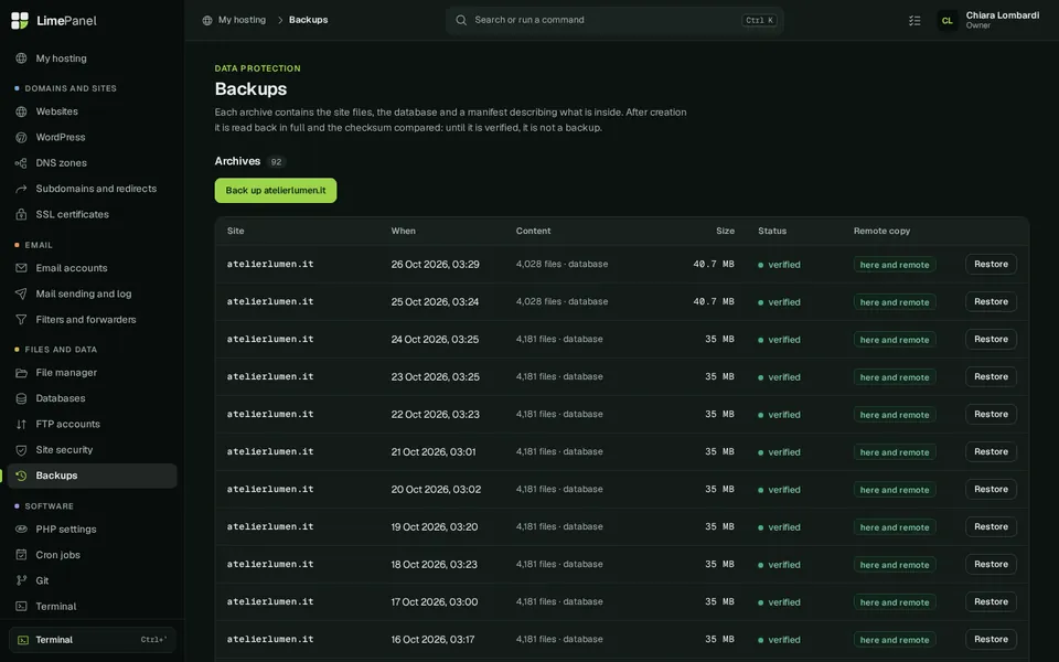 Backups: Each archive is read back and verified before it counts as valid, with a remote copy and selective restore.