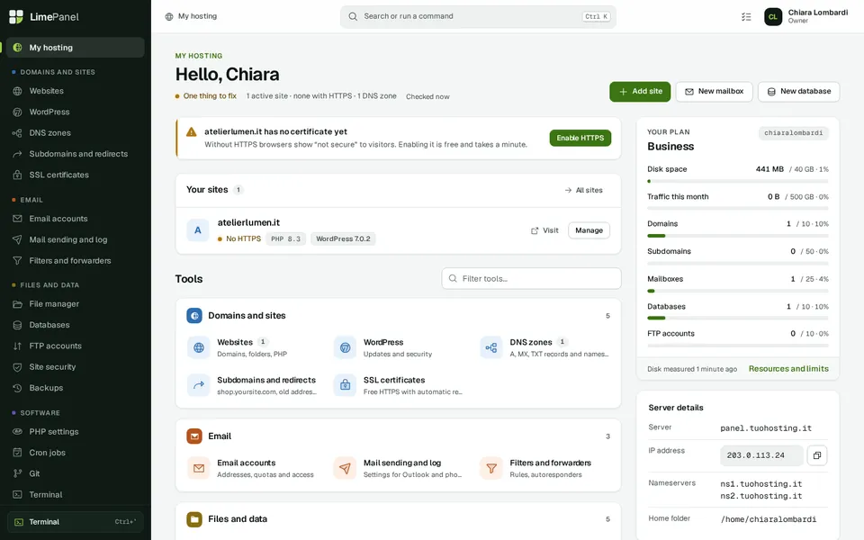 Customer hosting: The customer home puts what needs fixing first, in plain words. Tools are grouped by area, without duplicates.