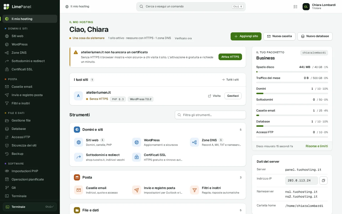 La home del cliente in LimePanel: siti, posta, database e risorse del pacchetto (dati di esempio)