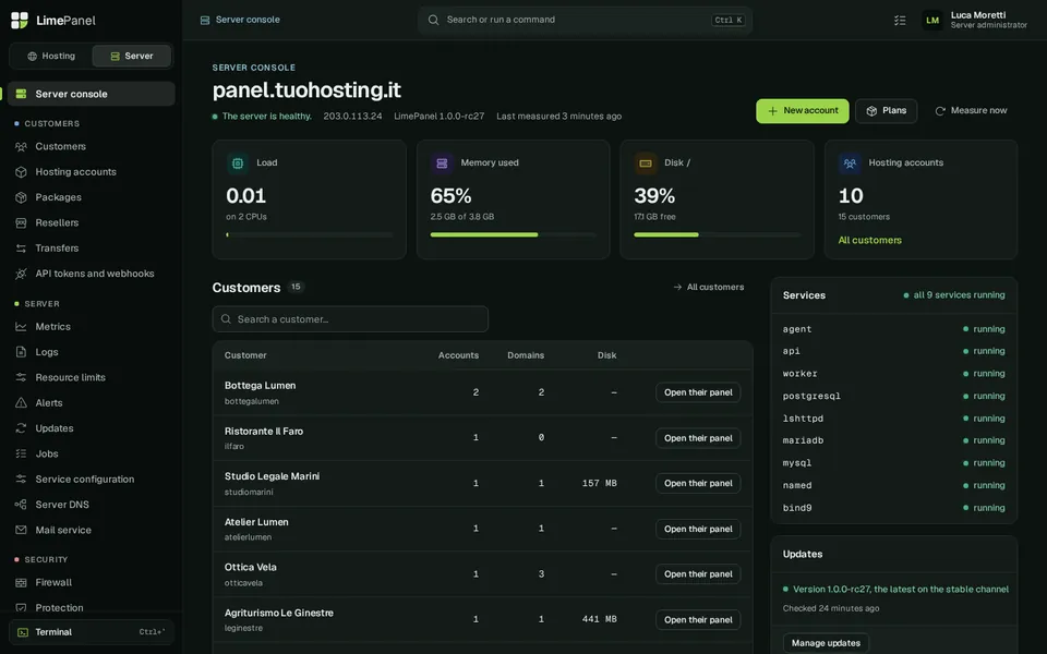 Server console: The server at a glance: load, memory, disk, services, customers and updates.