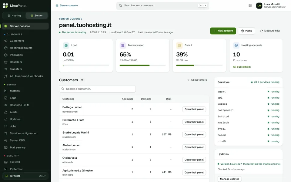 Server console: The server at a glance: load, memory, disk, services, customers and updates.