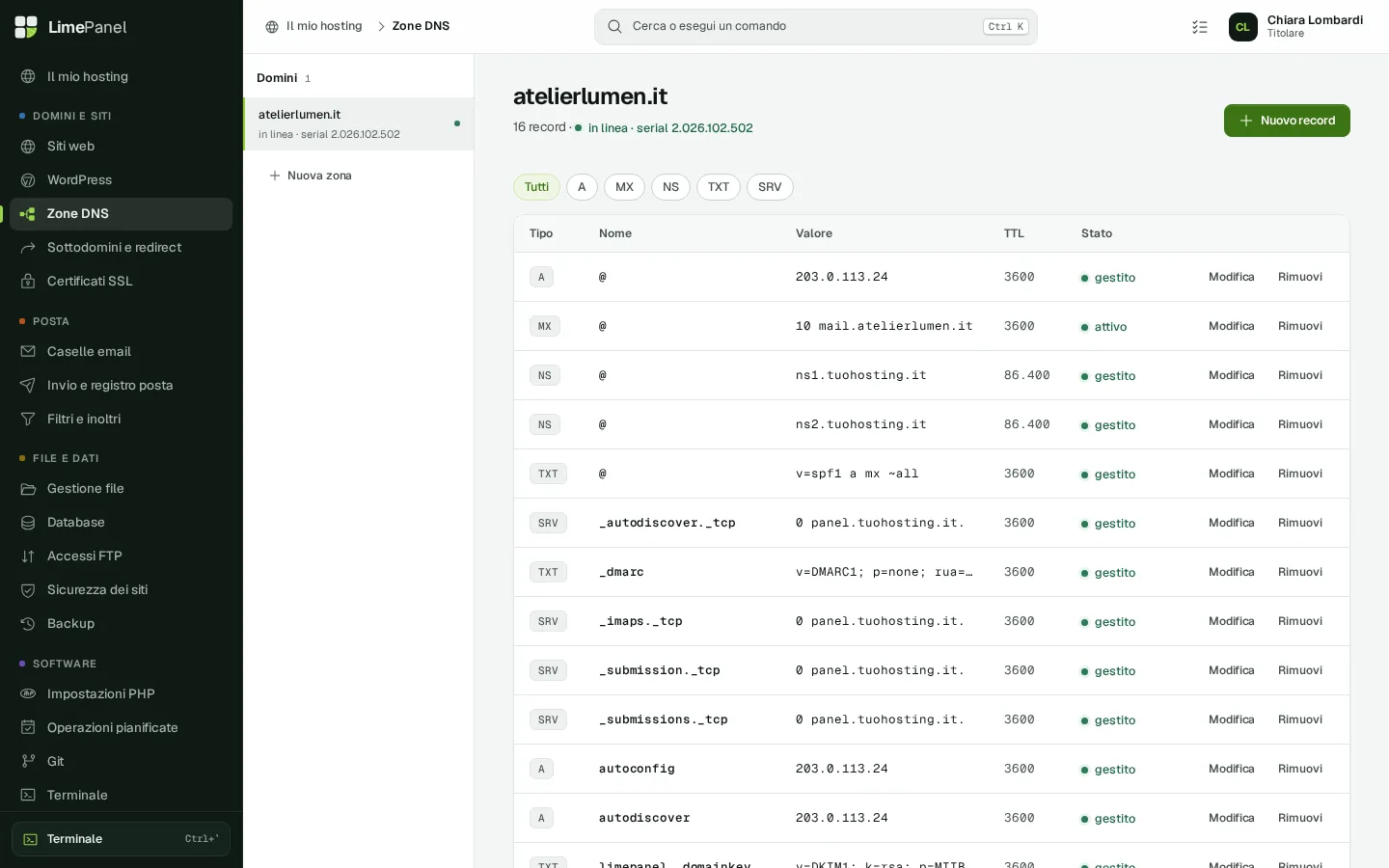DNS: Zone con tutti i record, modifiche a bozza e stato di ogni record. Posta, autodiscover e DKIM vengono scritti dal pannello.