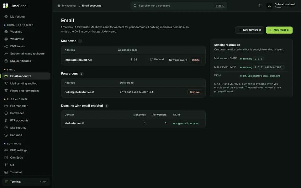 Mail: Mailboxes, forwarders and mail-enabled domains, with DKIM signing and the state of sending and receiving.