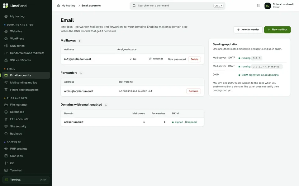 Mail: Mailboxes, forwarders and mail-enabled domains, with DKIM signing and the state of sending and receiving.