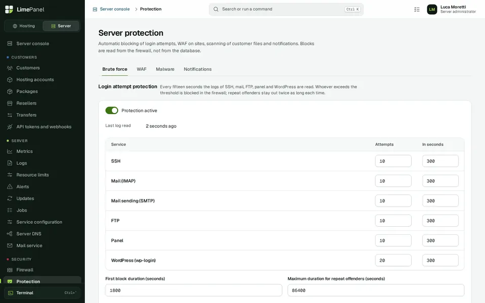 Protection: Brute-force blocking on SSH, mail, FTP, panel and WordPress, per-site WAF and malware scanning.