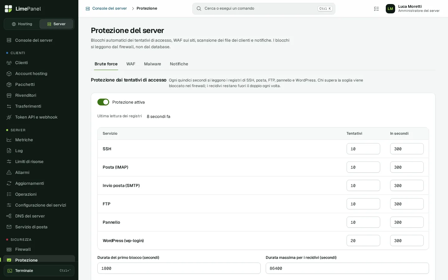 Protezione: Blocco dei tentativi di accesso su SSH, posta, FTP, pannello e WordPress, WAF per sito e scansione malware.