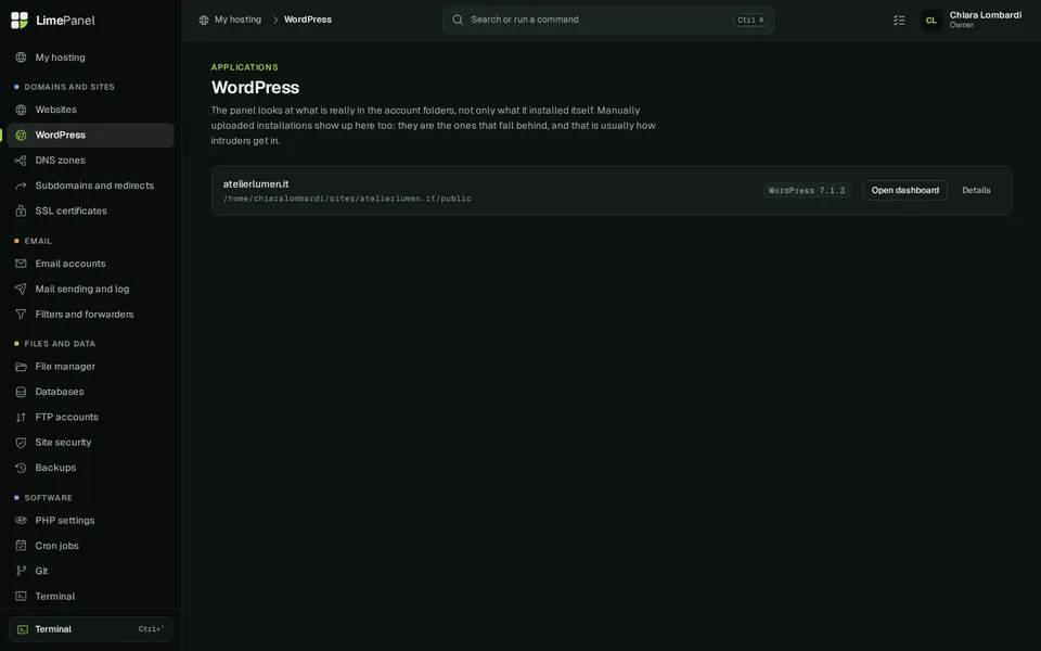 WordPress: Every WordPress install of the account, with version, updates, staging and one-click dashboard login.