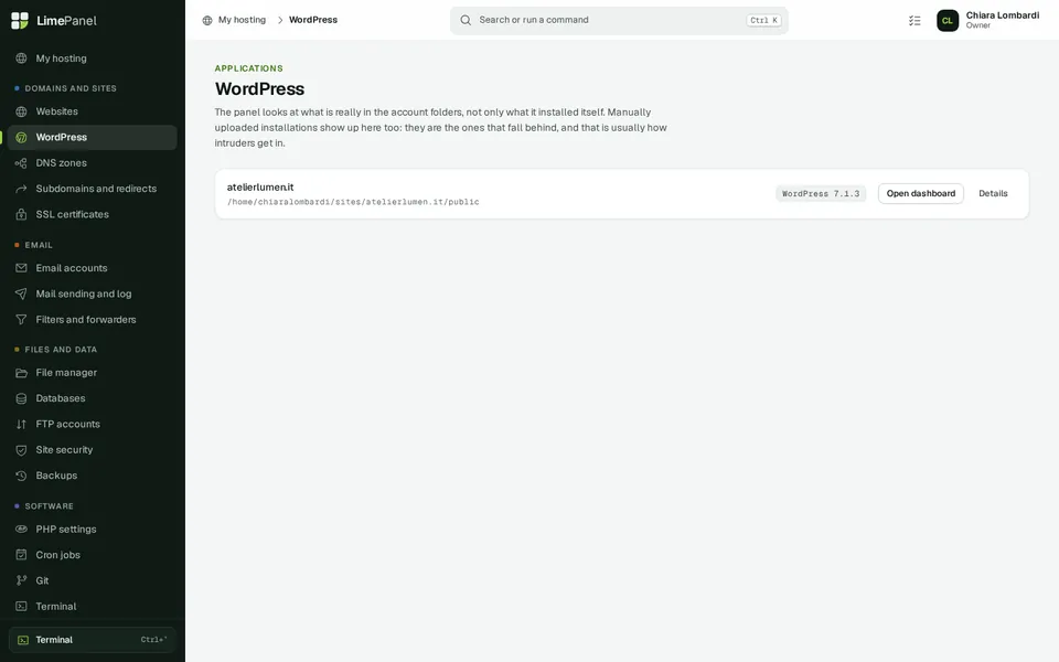 WordPress: Every WordPress install of the account, with version, updates, staging and one-click dashboard login.